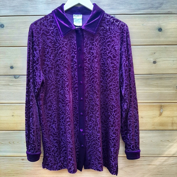 Vintage Koret Maroon Blouse Velvet Velour button down brocade gothic - Picture 2 of 5